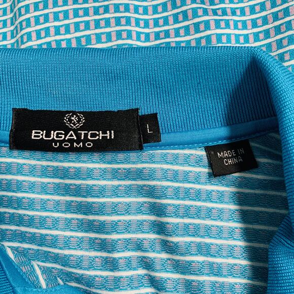 BUGATCHI UOMO Size L Blue White Squares Cotton Buttoned Polo - Picture 6 of 8